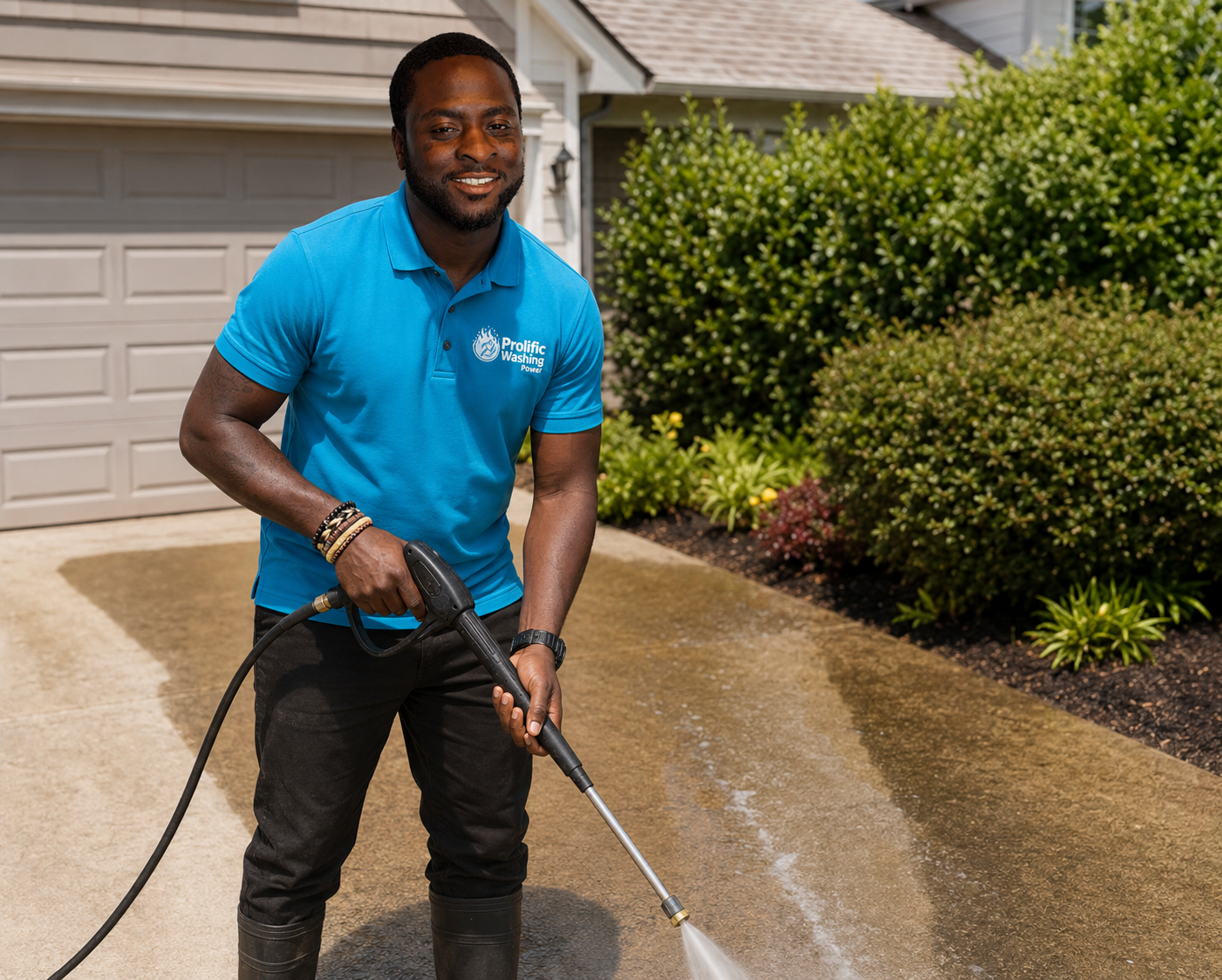 Prolific Washing Power technician pressure washing a residential driveway